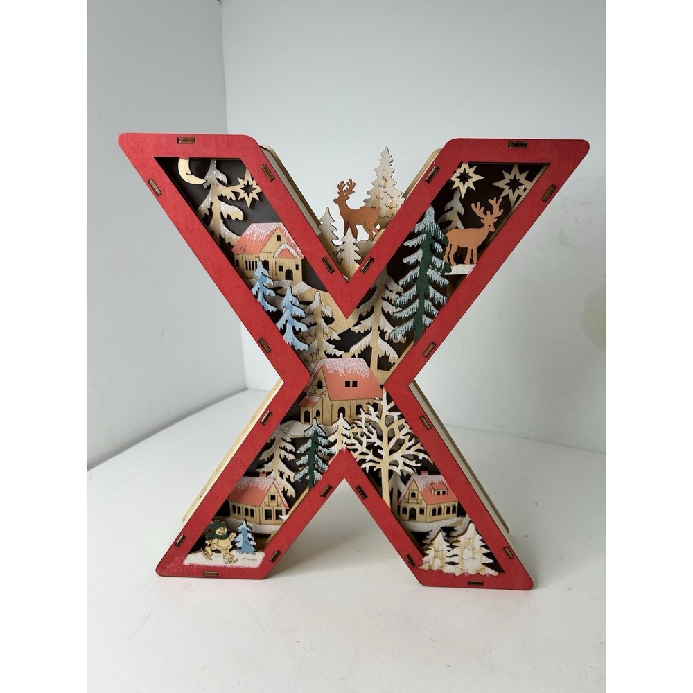 Anthropologie Monogram Winter Wonderland Light-Up Carved Wood Scene Letter X NWT